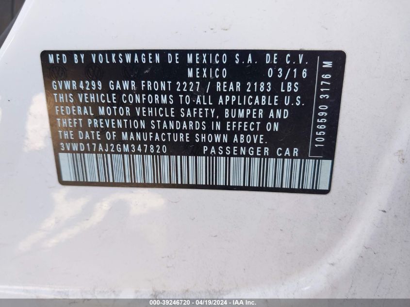 2016 Volkswagen Jetta 1.8T Sport VIN: 3VWD17AJ2GM347820 Lot: 39246720