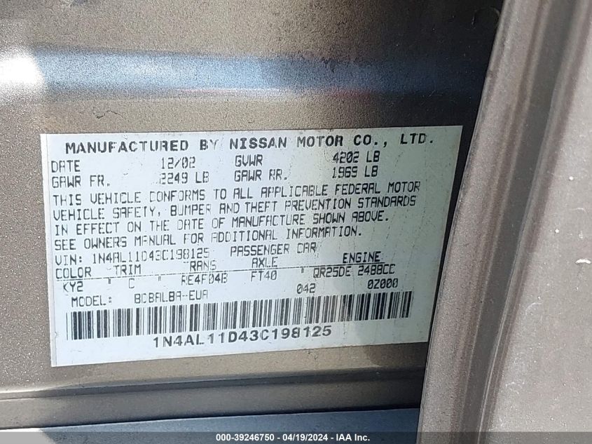 2003 Nissan Altima 2.5 S VIN: 1N4AL11D43C198125 Lot: 39246750