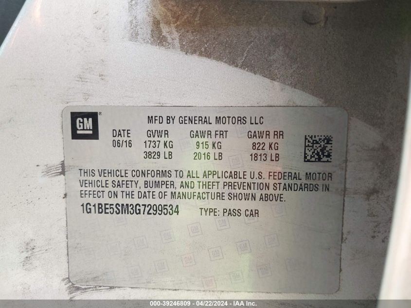 2016 Chevrolet Cruze Lt Auto VIN: 1G1BE5SM3G7299534 Lot: 39246809