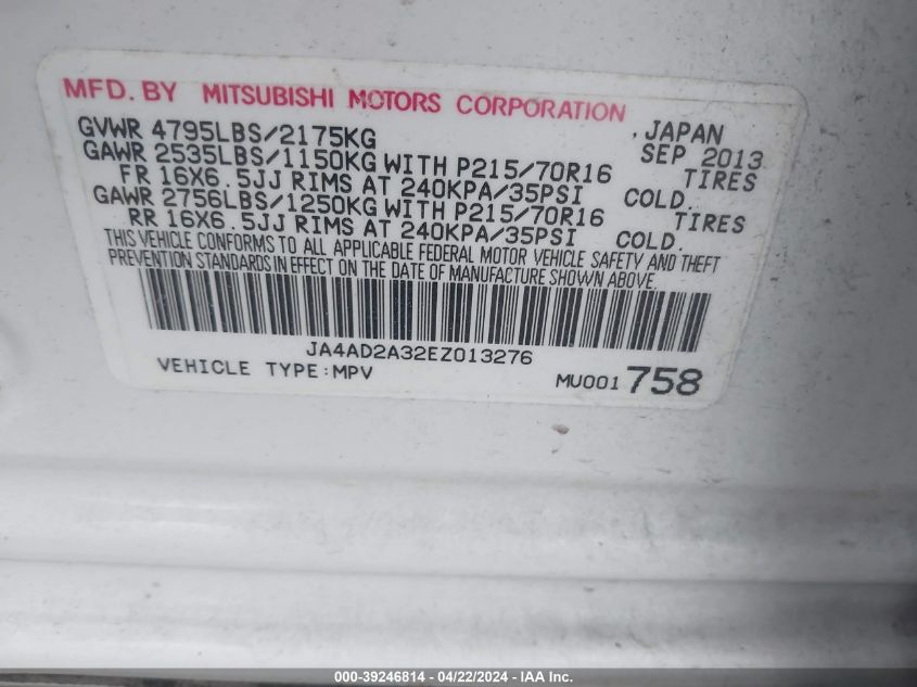 2014 Mitsubishi Outlander Es VIN: JA4AD2A32EZ013276 Lot: 39246814