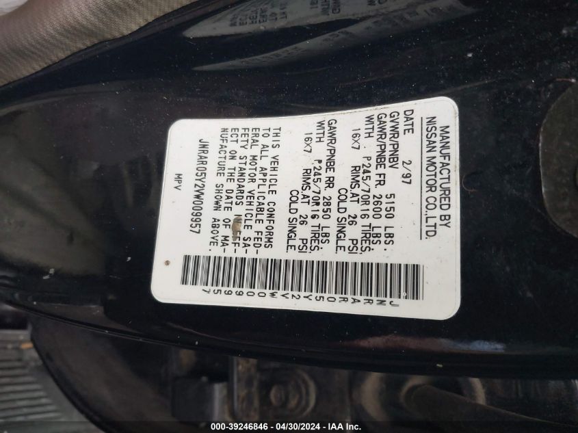 1997 Infiniti Qx4 VIN: JNRAR05Y2VW009957 Lot: 39246846