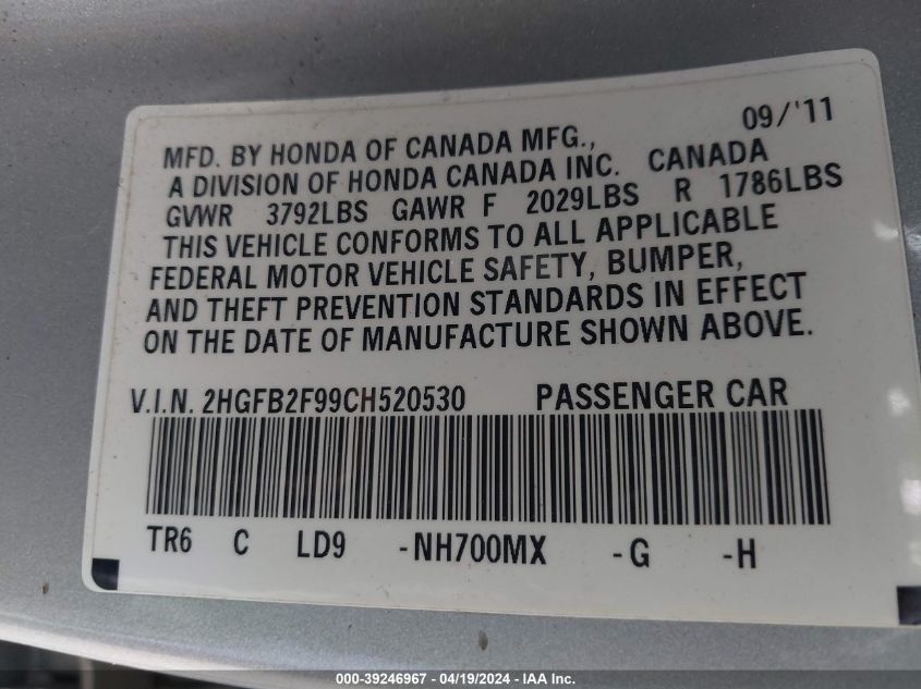 2012 Honda Civic Ex-L VIN: 2HGFB2F99CH520530 Lot: 39246967