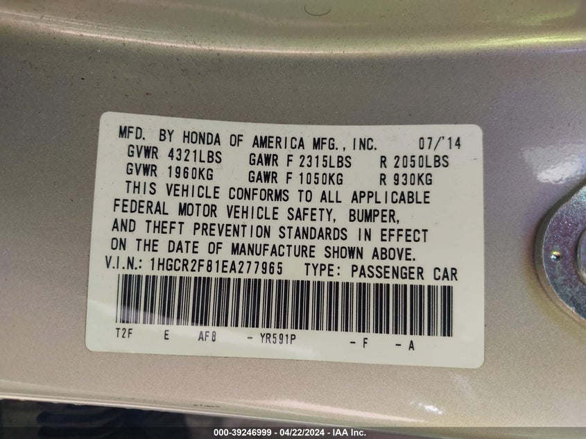 2014 HONDA ACCORD VIN: 1HGCR2F81EA277965