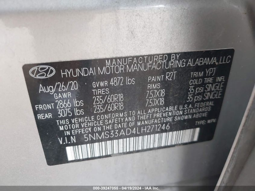 2020 Hyundai Santa Fe Sel VIN: 5NMS33AD4LH271246 Lot: 39247055