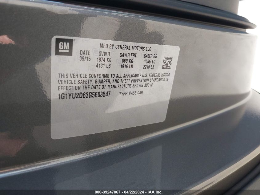 2016 Chevrolet Corvette Z06 VIN: 1G1YU2D63G5603547 Lot: 39247067
