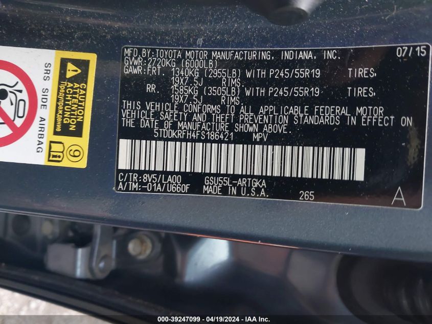 2015 Toyota Highlander Limited Platinum V6 VIN: 5TDDKRFH4FS186421 Lot: 39247099