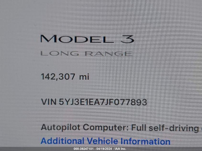 2018 Tesla Model 3 Long Range/Mid Range VIN: 5YJ3E1EA7JF077893 Lot: 39247101