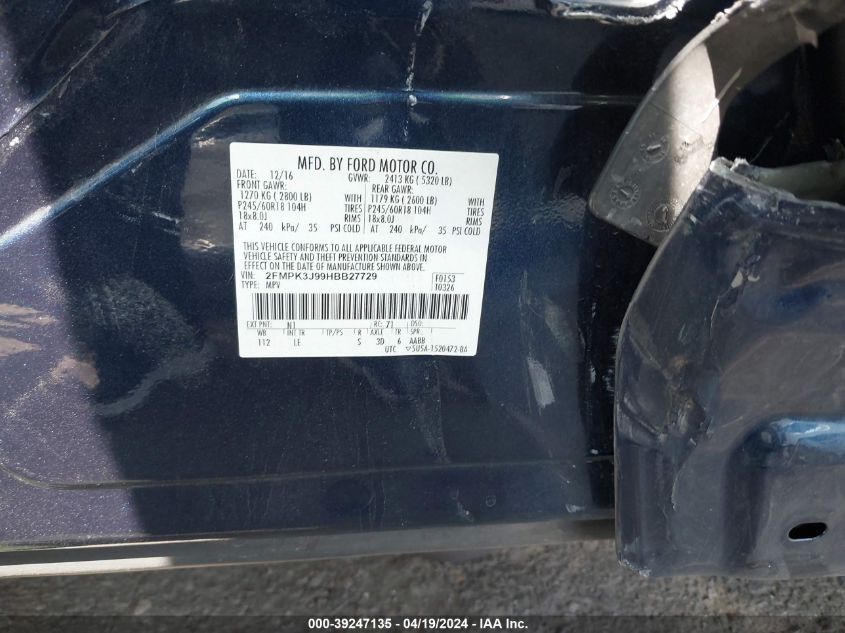 2017 Ford Edge Sel VIN: 2FMPK3J99HBB27729 Lot: 39247135