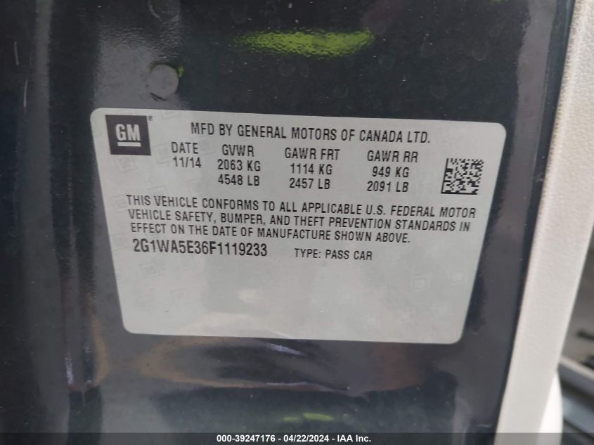 2015 Chevrolet Impala Limited Ls VIN: 2G1WA5E36F1119233 Lot: 39247176