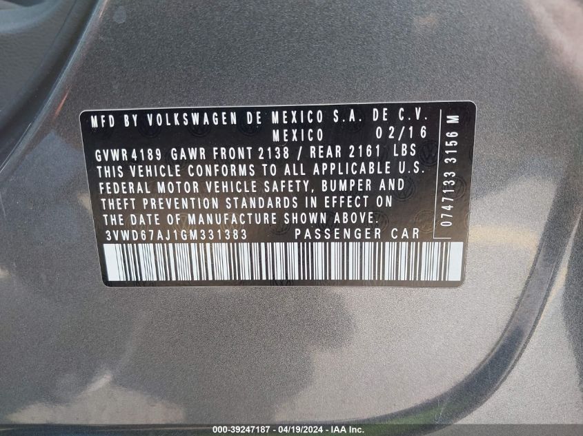 2016 Volkswagen Jetta 1.4T Se VIN: 3VWD67AJ1GM331383 Lot: 39247187