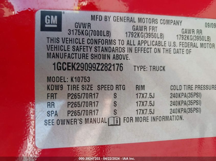 2009 Chevrolet Silverado 1500 Lt VIN: 1GCEK29099Z282176 Lot: 39247203