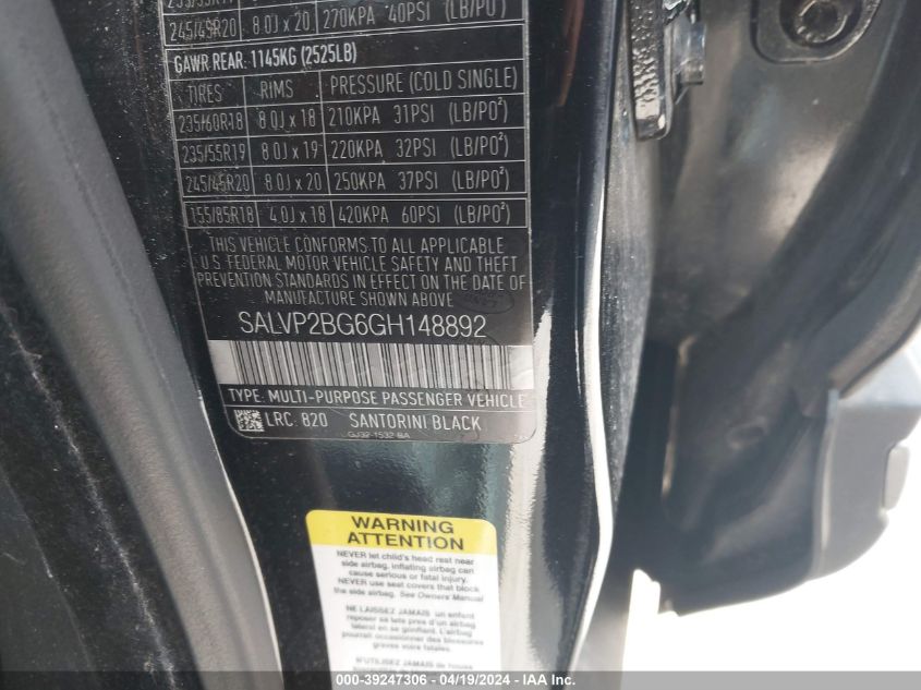 2016 Land Rover Range Rover Evoque Se/Se Premium VIN: SALVP2BG6GH148892 Lot: 39247306