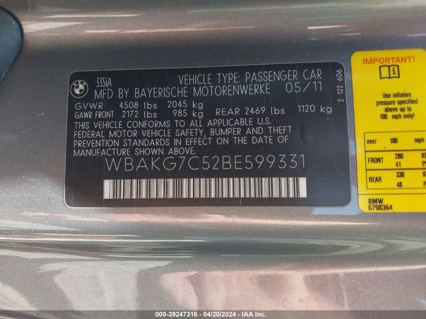2011 BMW 335I VIN: WBAKG7C52BE599331 Lot: 39247316