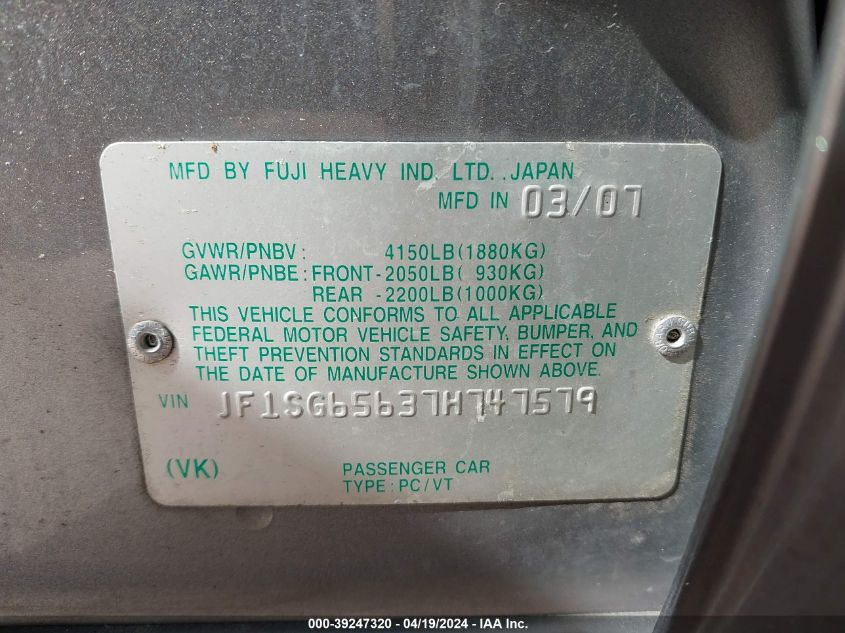 2007 Subaru Forester 2.5X VIN: JF1SG65637H747579 Lot: 39247320