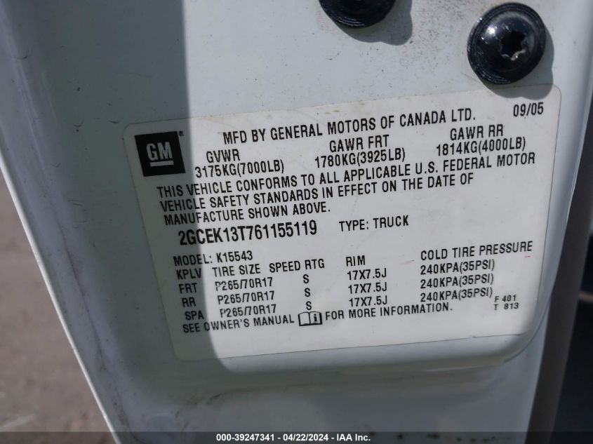 2006 Chevrolet Silverado 1500 Lt3 VIN: 2GCEK13T761155119 Lot: 39247341