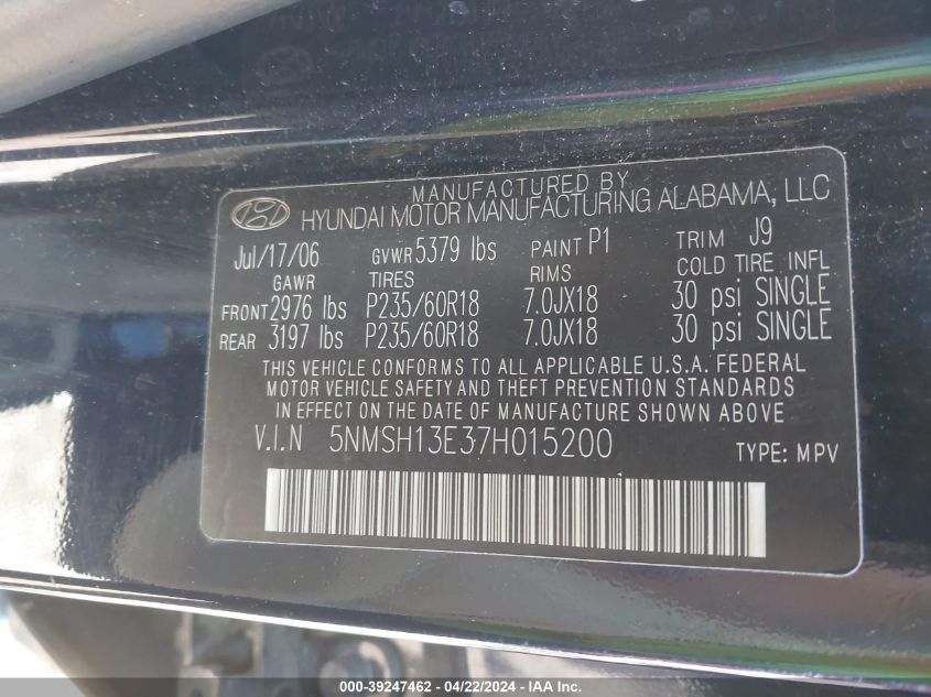 2007 Hyundai Santa Fe Limited/Se VIN: 5NMSH13E37H015200 Lot: 39247462