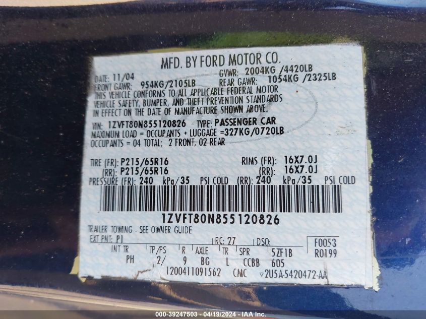 2005 Ford Mustang V6 Deluxe/V6 Premium VIN: 1ZVFT80N855120826 Lot: 39247503