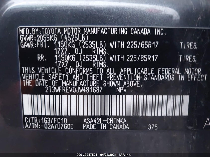 VIN 2T3WFREV0JW481687 2018 TOYOTA RAV4 XLE