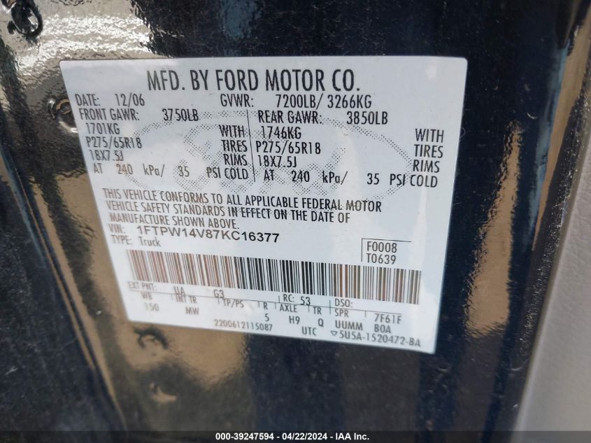 1FTPW14V87KC16377 2007 Ford F-150 Fx4/Lariat/Xlt