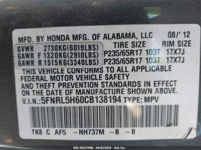 2012 Honda Odyssey Ex-L VIN: 5FNRL5H60CB138194 Lot: 50983244