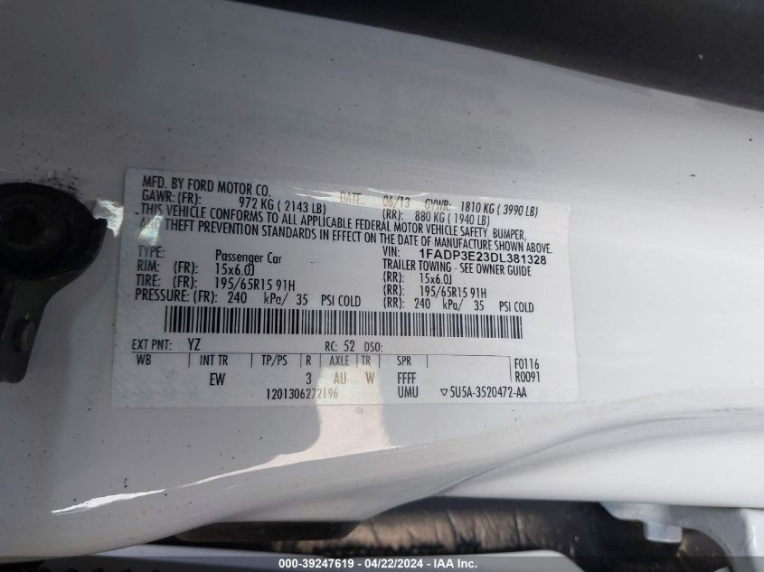 2013 Ford Focus S VIN: 1FADP3E23DL381328 Lot: 39247619