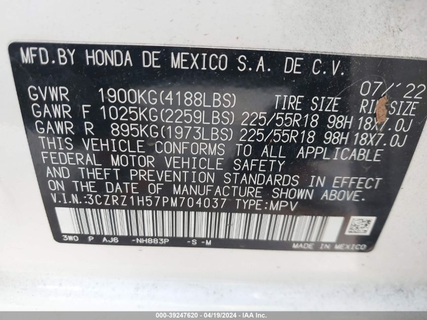 2023 Honda Hr-V 2Wd Sport VIN: 3CZRZ1H57PM704037 Lot: 39247620