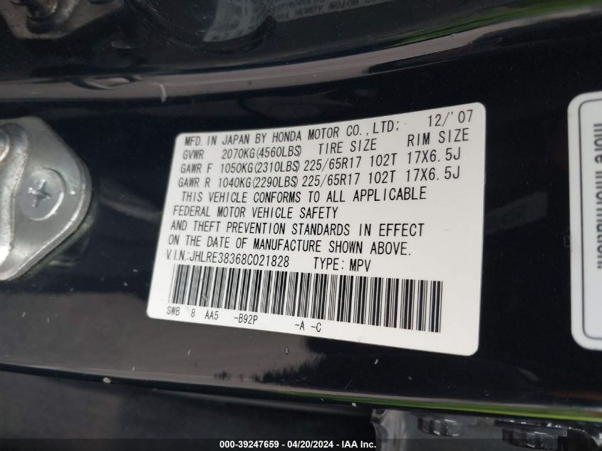 2008 Honda Cr-V Lx VIN: JHLRE38368C021828 Lot: 39247659