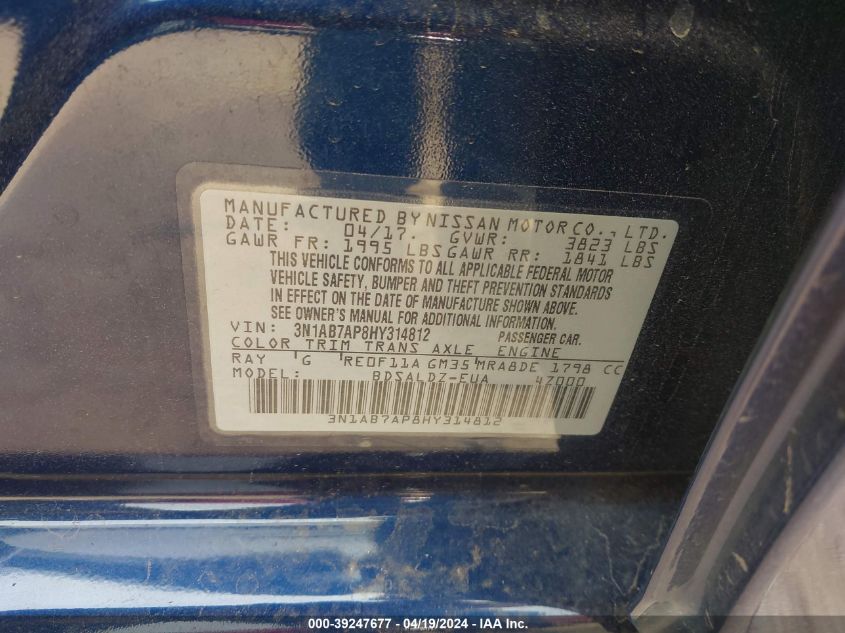 2017 Nissan Sentra Sv VIN: 3N1AB7AP8HY314812 Lot: 39247677