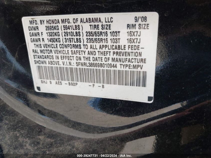 2009 Honda Odyssey Ex-L VIN: 5FNRL38669B010944 Lot: 39247731