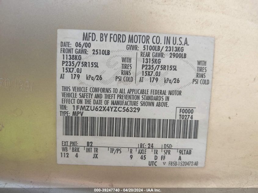 2000 Ford Explorer Xls VIN: 1FMZU62X4YZC56329 Lot: 39247740