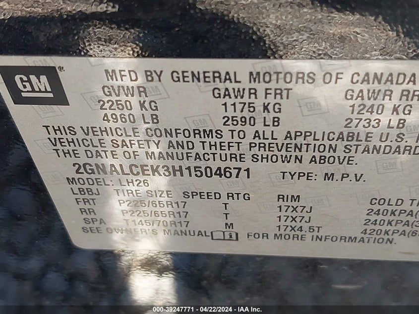 VIN 2GNALCEK3H1504671 2017 CHEVROLET EQUINOX LT