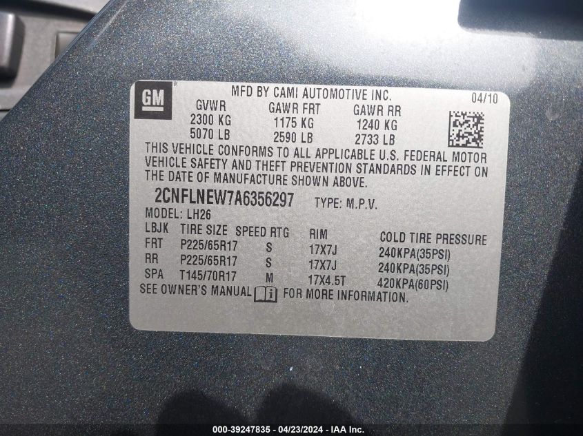 2CNFLNEW7A6356297 2010 Chevrolet Equinox Lt