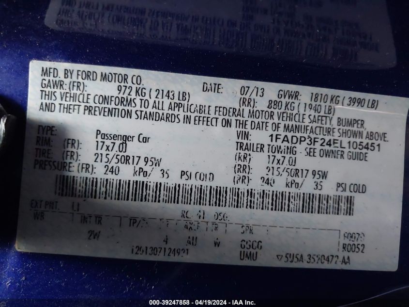 2014 Ford Focus Se VIN: 1FADP3F24EL105451 Lot: 39247858