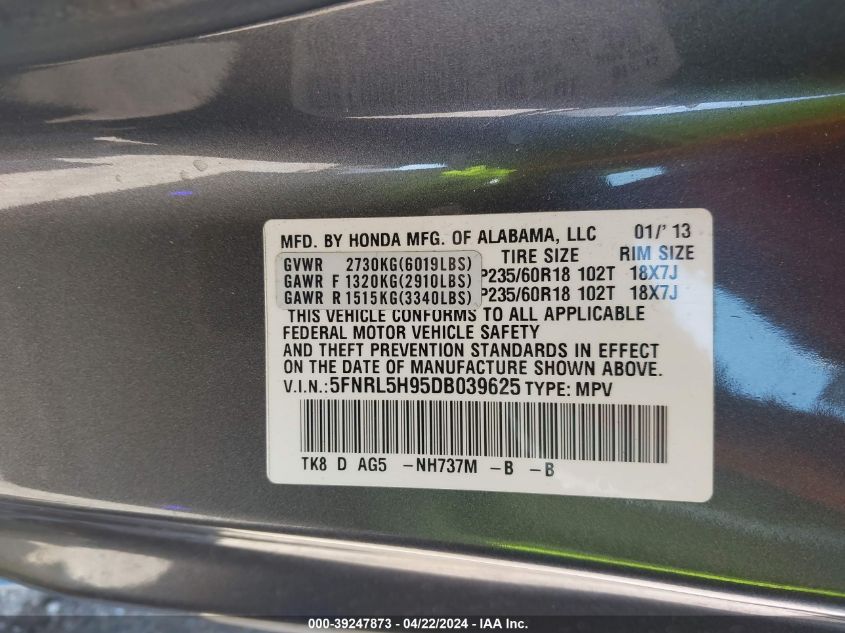 2013 Honda Odyssey Touring/Touring Elite VIN: 5FNRL5H95DB039625 Lot: 39247873