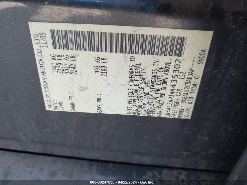 2010 Nissan Altima 2.5 S VIN: 1N4AL2AP1AN435302 Lot: 39247898