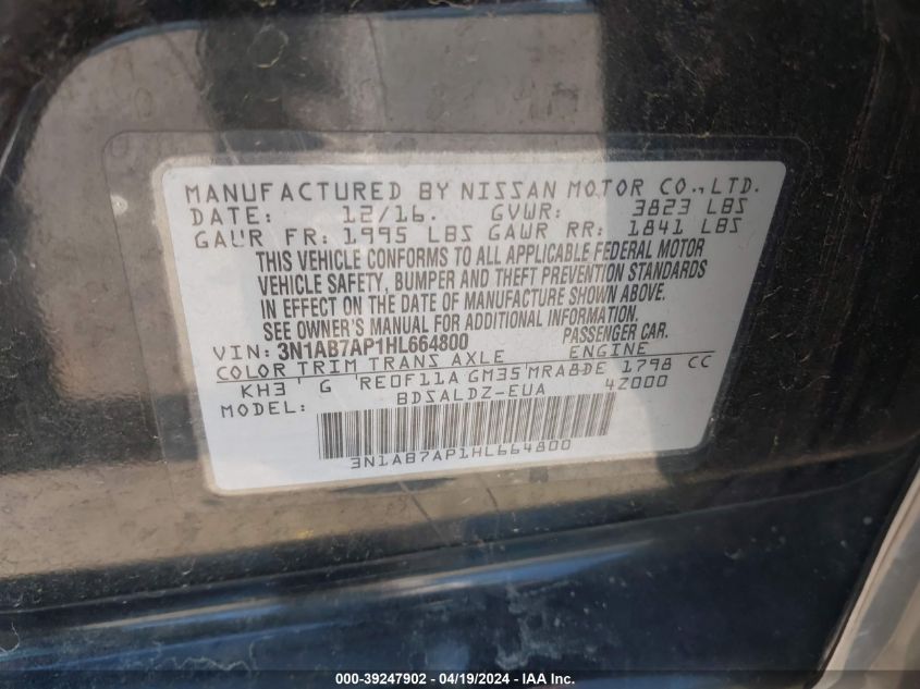 2017 Nissan Sentra Sv VIN: 3N1AB7AP1HL664800 Lot: 39247902