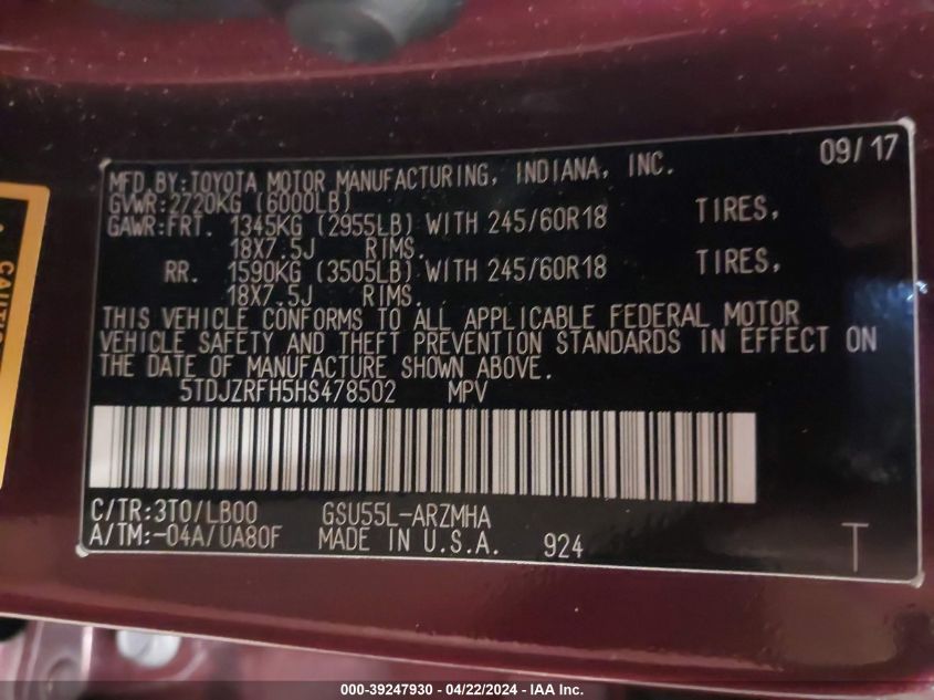 2017 Toyota Highlander Xle VIN: 5TDJZRFH5HS478502 Lot: 39247930