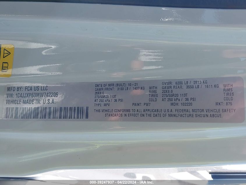 2021 Jeep Wrangler 4Xe Unlimited Sahara 4X4 VIN: 1C4JJXP63MW742206 Lot: 39247937