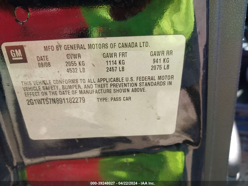 2009 Chevrolet Impala Lt VIN: 2G1WT57N891182279 Lot: 39248027