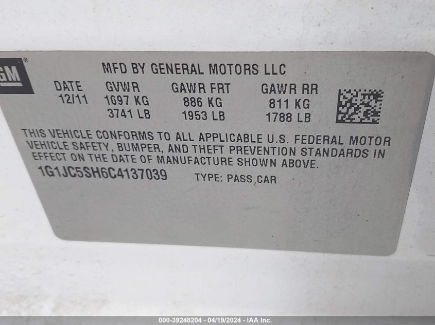 1G1JC5SH6C4137039 | 2012 CHEVROLET SONIC