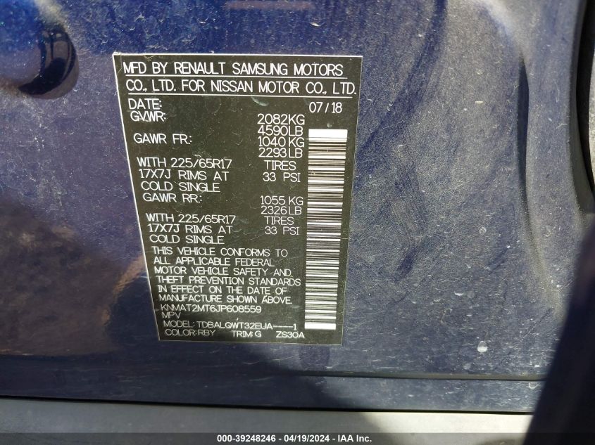 2018 Nissan Rogue Sv VIN: KNMAT2MT6JP608559 Lot: 39248246