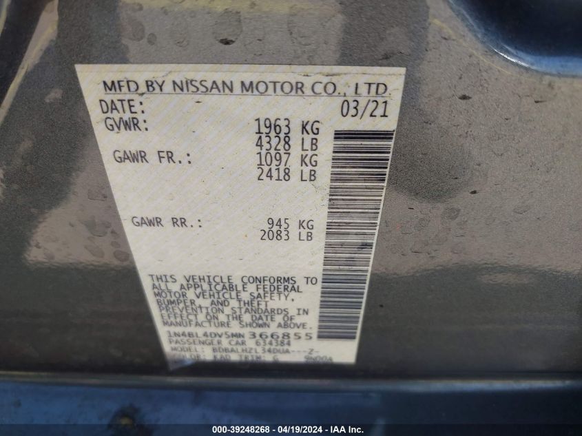 2021 Nissan Altima Sv Fwd VIN: 1N4BL4DV5MN366855 Lot: 39248268