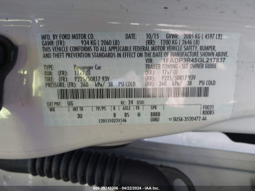 1FADP3R45GL217837 2016 Ford Focus Electric