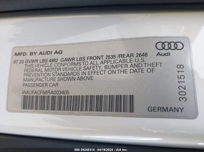 2024 Audi A5 Sportback Premium Plus 45 Tfsi Quattro S Tronic VIN: WAUFACF56RA003405 Lot: 39248314