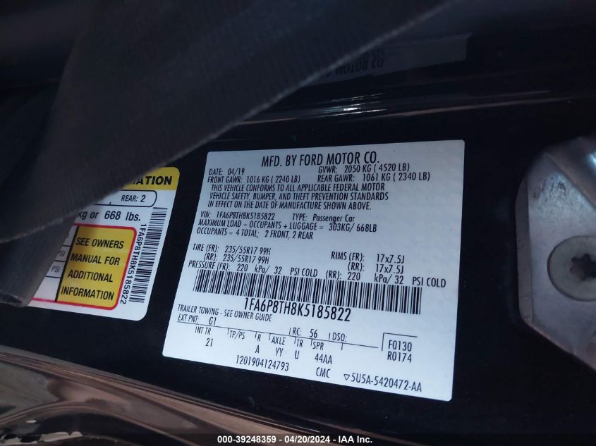 2019 Ford Mustang Ecoboost VIN: 1FA6P8TH8K5185822 Lot: 39248359