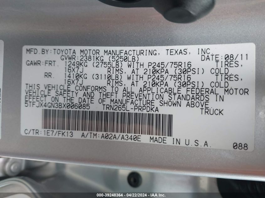 2011 Toyota Tacoma Prerunner VIN: 5TFJX4GN3BX006085 Lot: 39248364