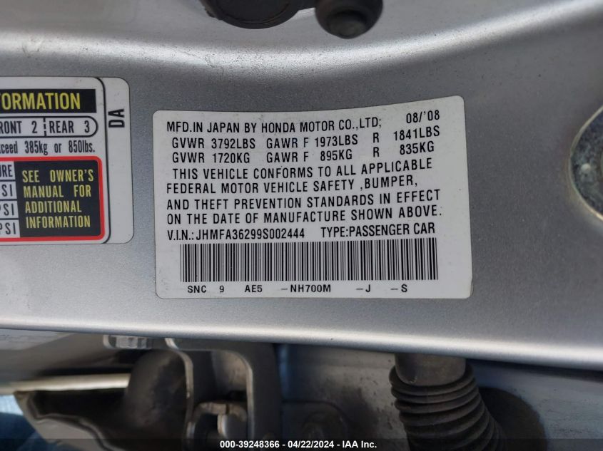 2009 Honda Civic Hybrid VIN: JHMFA36299S002444 Lot: 39248366