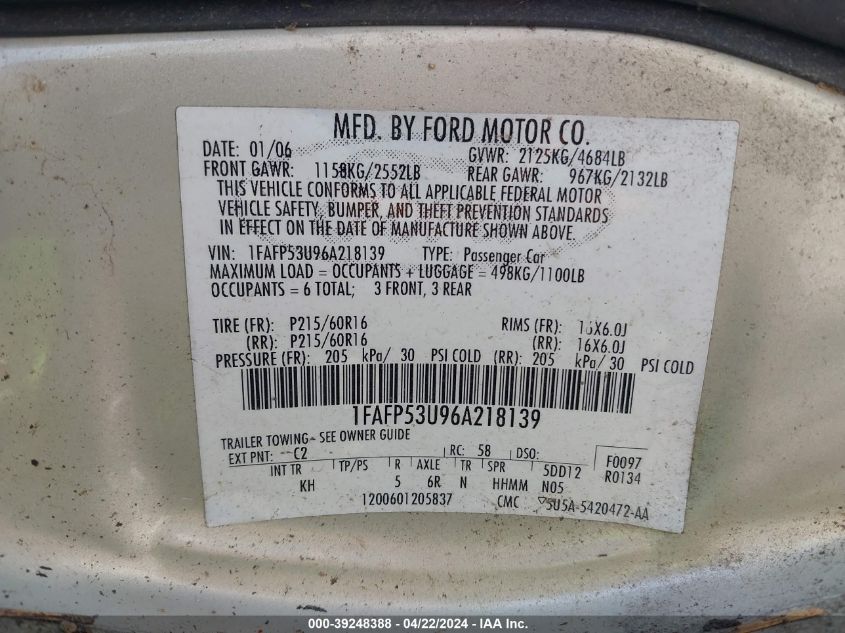 1FAFP53U96A218139 | 2006 FORD TAURUS