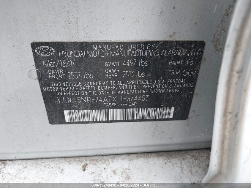 VIN 5NPE24AFXHH574453 2017 HYUNDAI SONATA