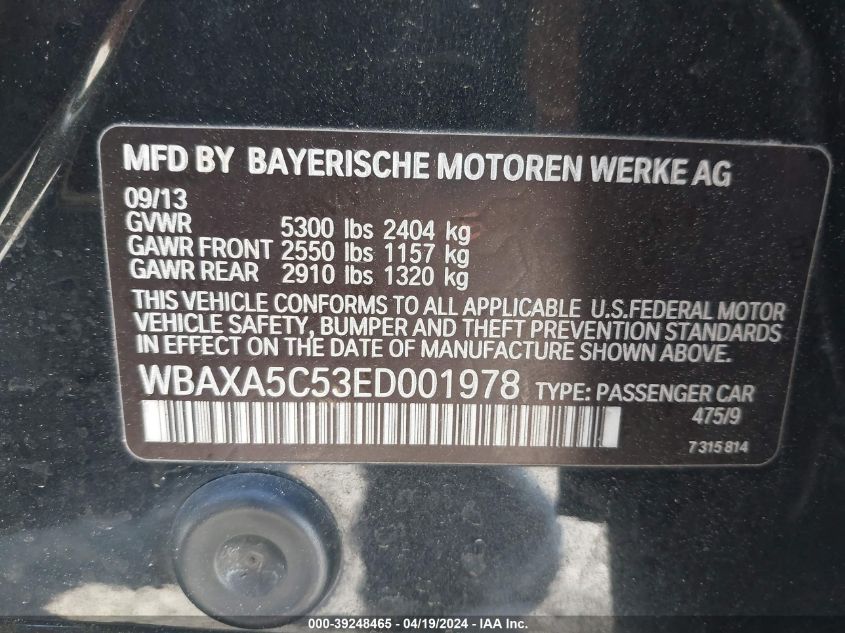 WBAXA5C53ED001978 | 2014 BMW 535D